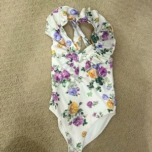 Girls White Floral One-Piece Swimsuit with Ruffle Halter